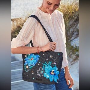 Vera Bradley Iconic Small Tote Denim‎ Navy Floral Embroidered Boho Cottagecore